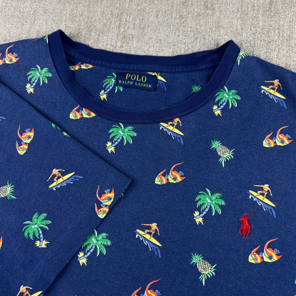 Polo Ralph Lauren T-Shirt Mens 3XL Navy Blue Tropical Surfer Palm Tree Graphic